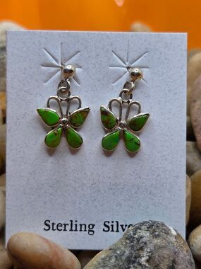 Sterling Silver Green Turquoise Butterfly Dangle Earrings